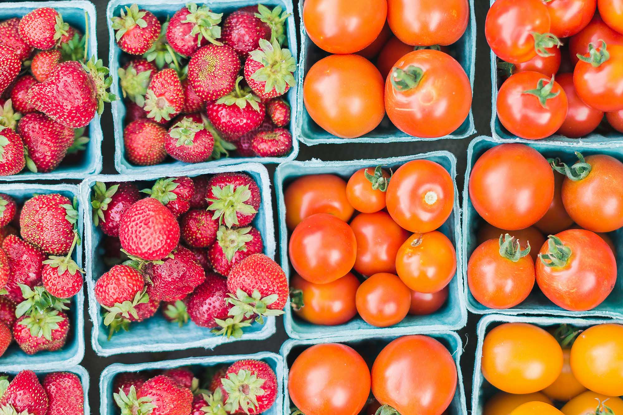 Photo: A stock image of strawberries and tomatoes in blue to-go containers.