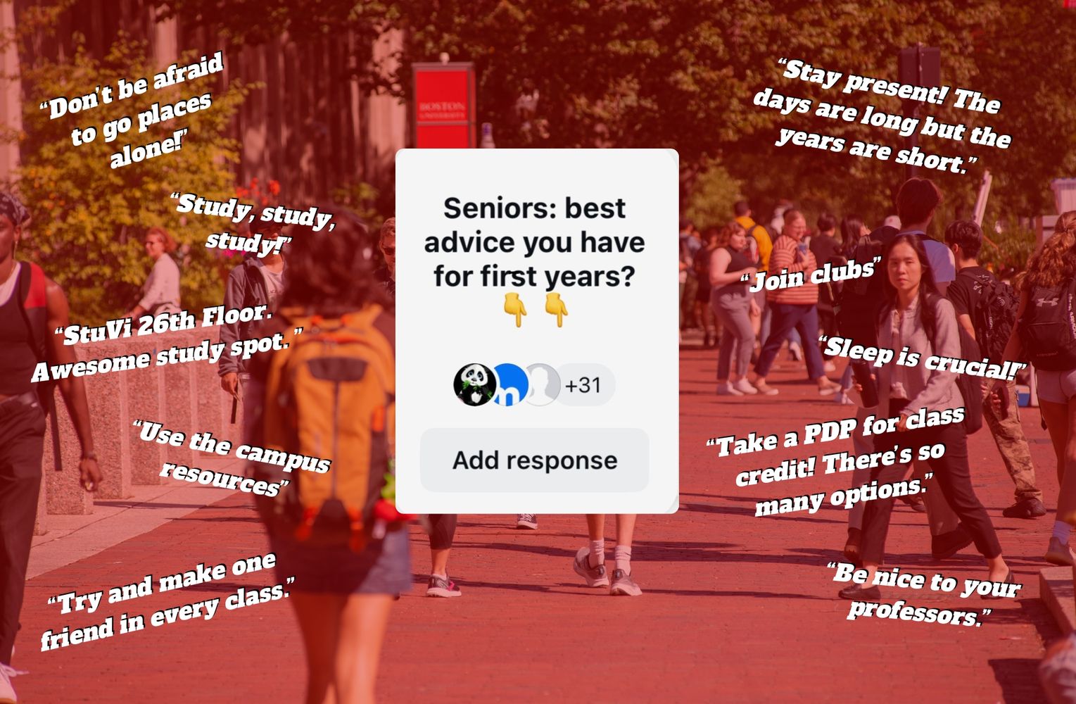 Seniors give advice to first years at Boston University.