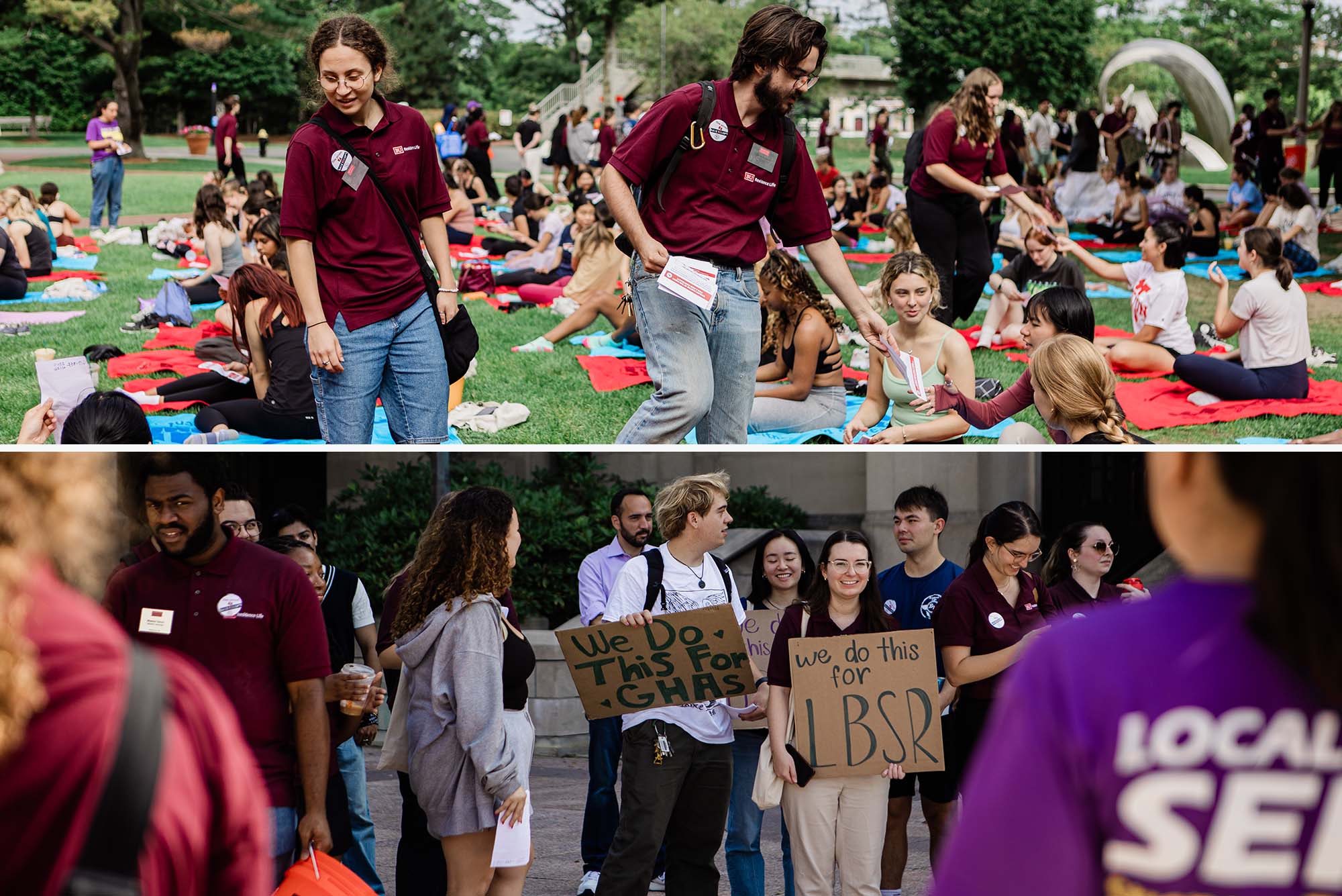 Image: A collage image of BU's RA strike during Move-in. The top photo has two RA's handing out leaflets to people on the BU Beach. The bottom photo are a group of RA's standing on Marsh Plaza getting ready to march.