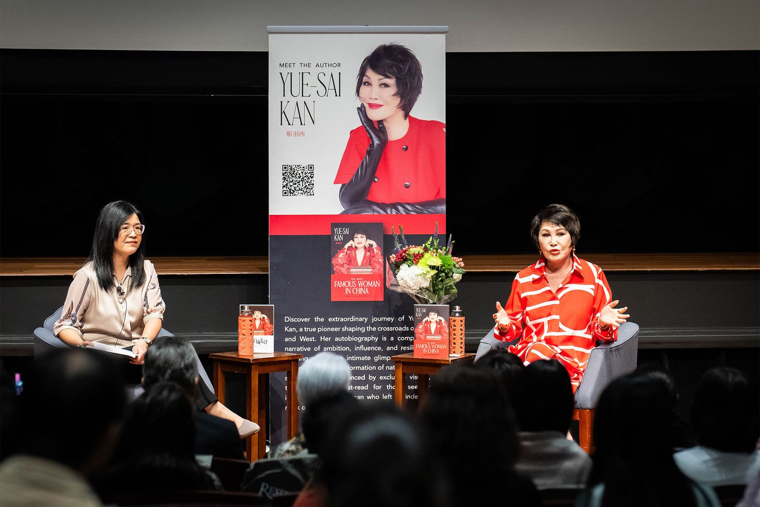 Emmy-winning television host, producer, and entrepreneur Yue-Sai Kan (right) was interviewed on stage by Min Ye, a Pardee professor of international relations, who is an expert on China, India, and regional relations. Photo by Jackie Ricciardi