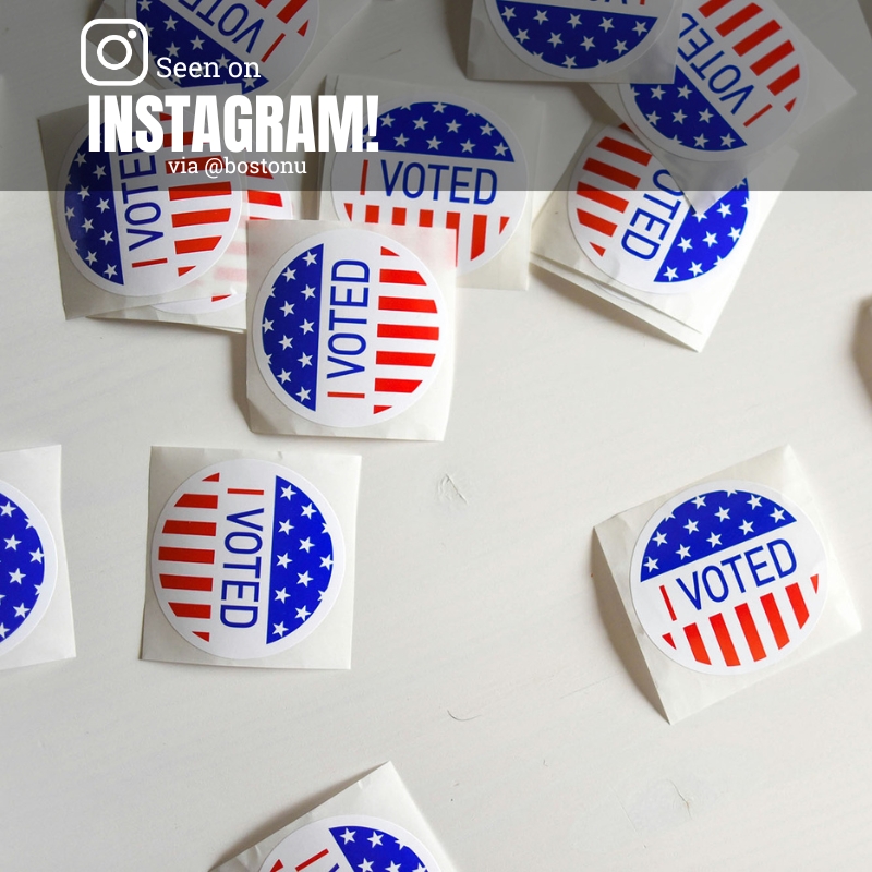 Photo: Many small, round stickers with an American flag print that say "I Voted" in blue text. Text overlay reads "Seen on Instagram! via @bostonu"