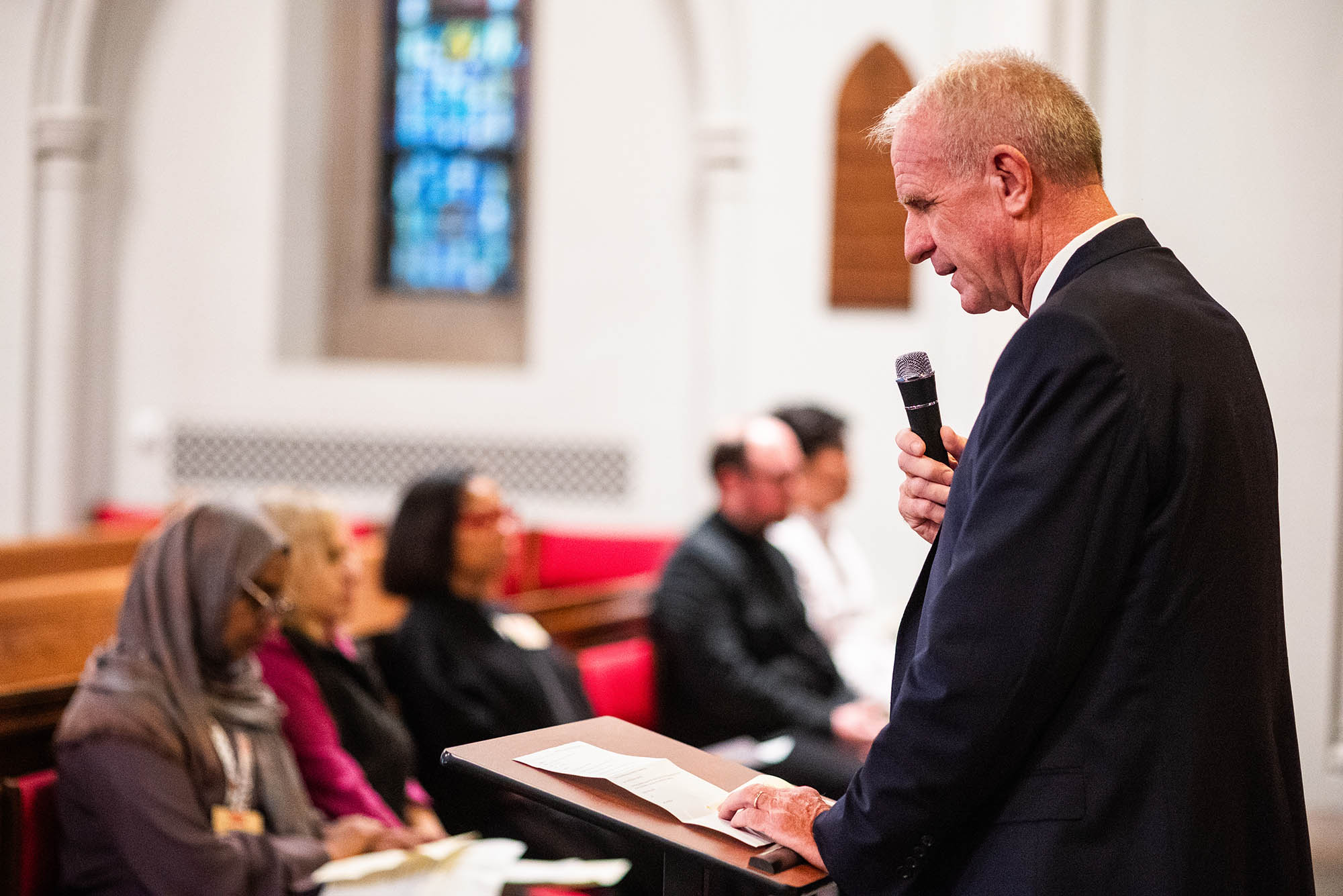 Photo: The Rev. Dr. Robert Allan Hill, Dean of Marsh Chapel and Chaplain To BU speaks at ‘an Ecumenical Service of Prayer for Peace’ at Marsh Chapel