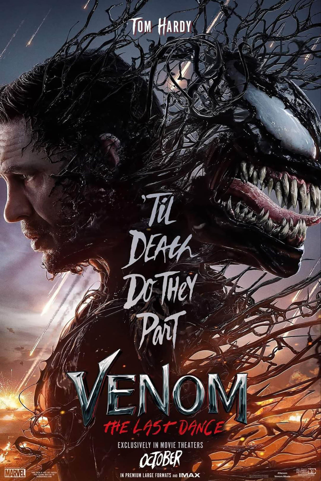 Photo: Movie poster of the latest Venom movie. Tom Hardy's silhouette is contrasted with the creature Venom as various text overlays fill the screen.