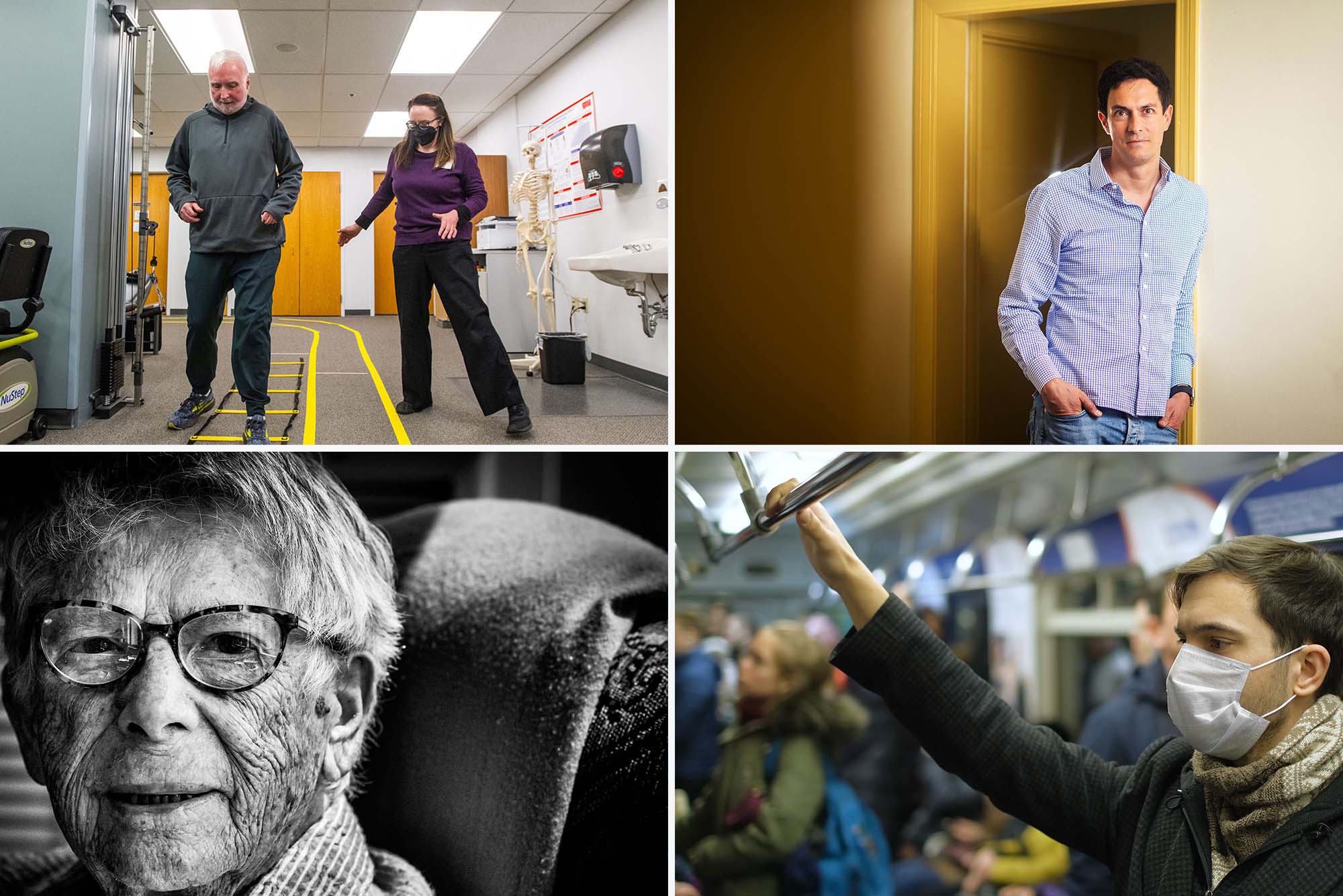 Four images: A black and white photo of an elderly woman, a man standing with hands in pockets for a formal headshot, a man standing on a public subway wearing a facemask, and a man with parkinson's working to test a walking device