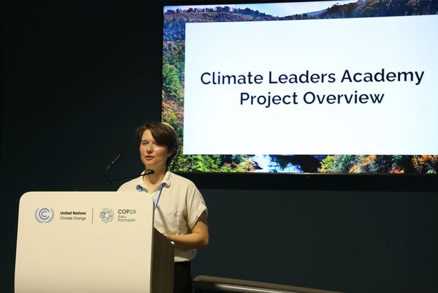 Photo: Emma Daily (GRS’28) spoke at a side event at the COP 29 climate summit in Baku, Azerbaijan, in November. Photo by Jianwei Li