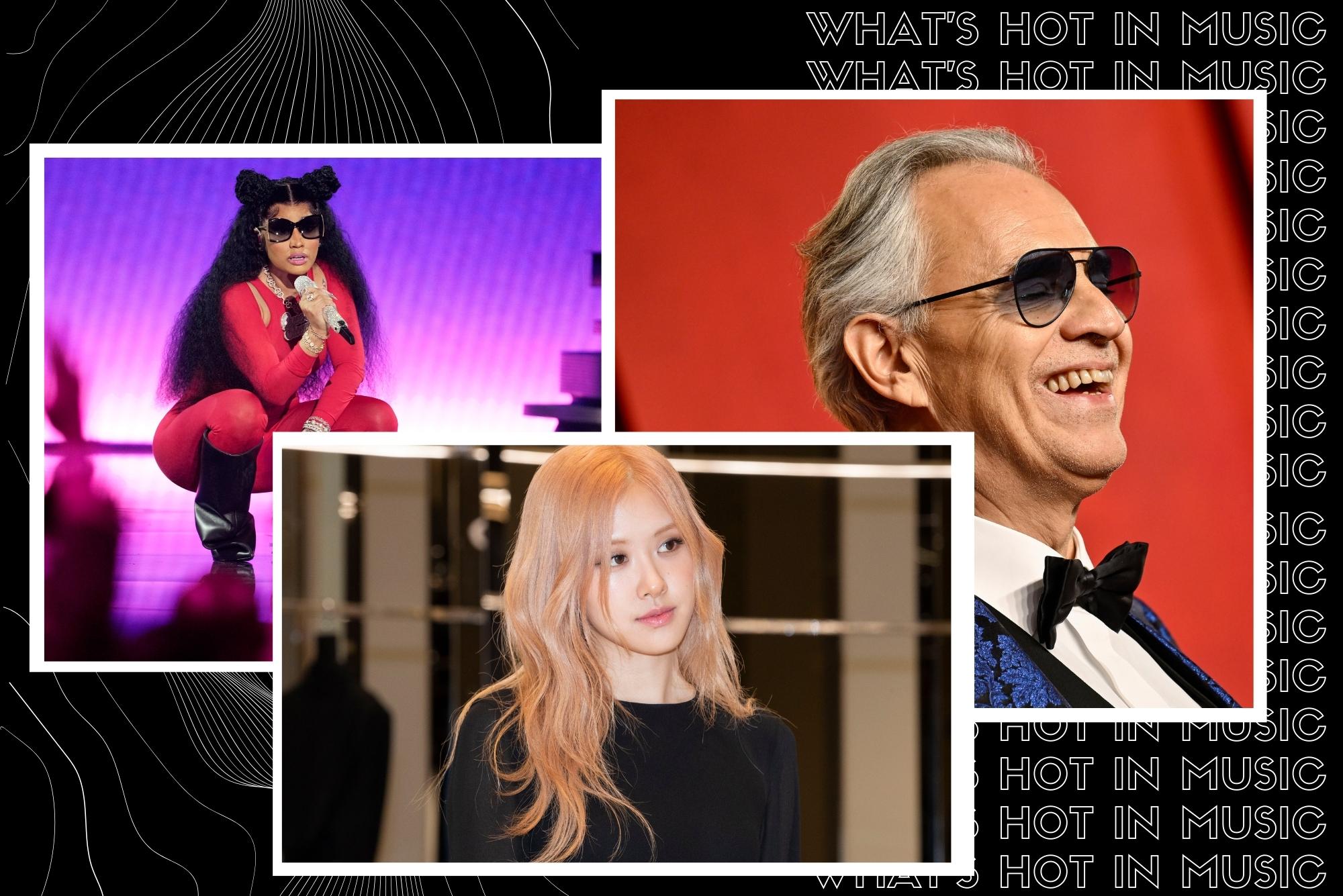 Photo: A composite image of Nicki Minaj, Rosé, and Andrea Boccelli