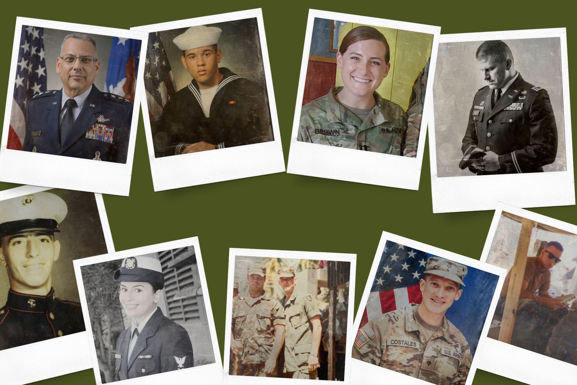 Photo: A composite image of photos of veterans in their uniforms within polaroid-style frames. There are four up at the top and five at the bottom. The background behind these photos is army green