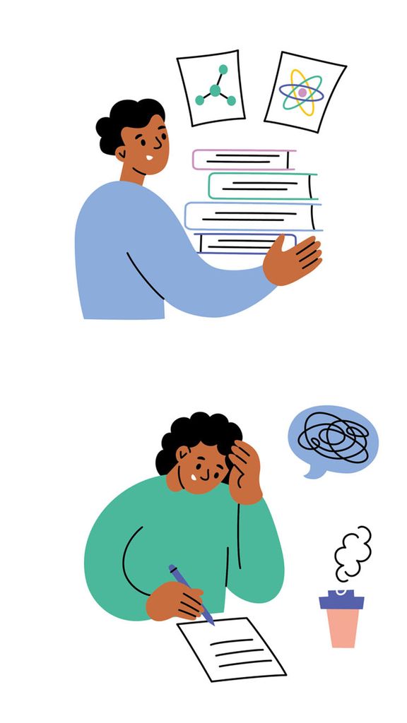 Photo: Vector illustrations of students taking tests on computers and writing exams in classrooms.