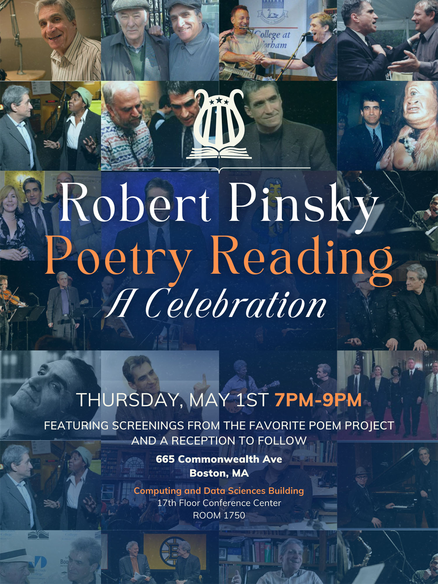 Photo: Poster from Robert Pinsky's retirement event with the words "Poetry Reading A Celebration" and a montage of photos of him