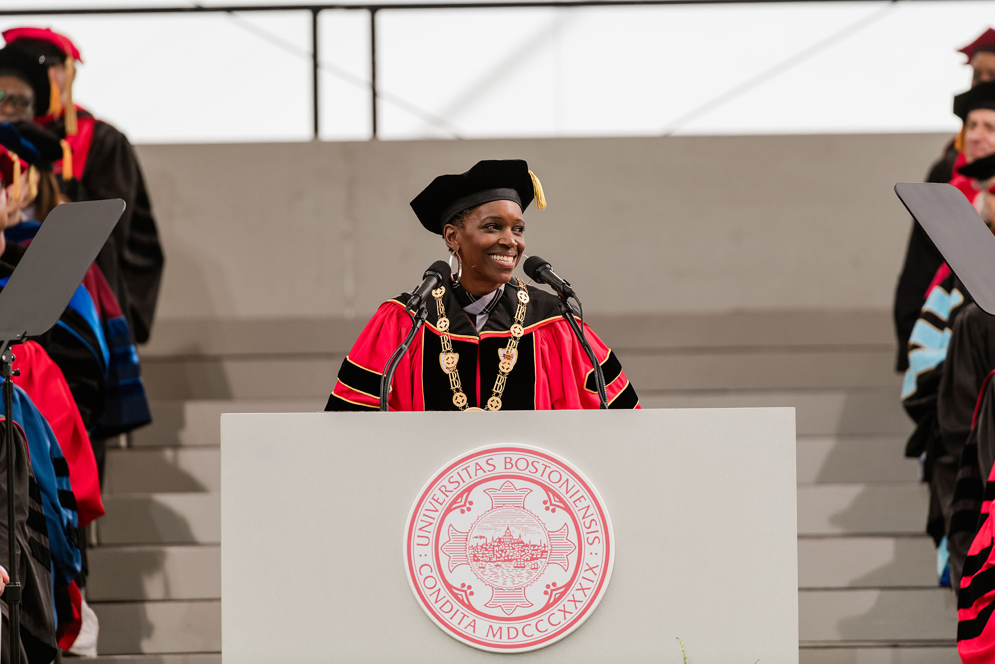 Photo: Melissa Gilliam, BU's president, addresses the Class of 2025 at their graduation ceremony.