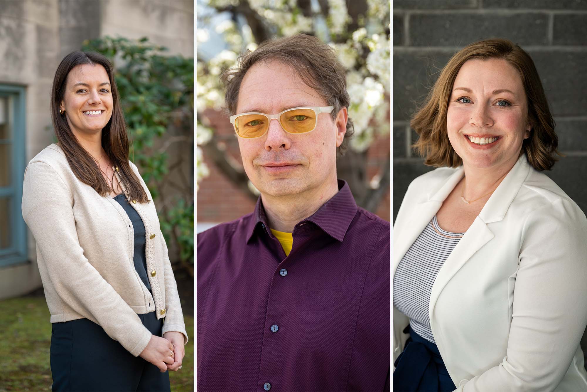 Photo: A collage of three images. On the left, a white woman with long brown hair poses outside in front of top a flowered tree, in the center, a white man wearing yellow-tinted glasses and a purple button up, and on the right, a white woman with shoulder length brown hair poses outside.