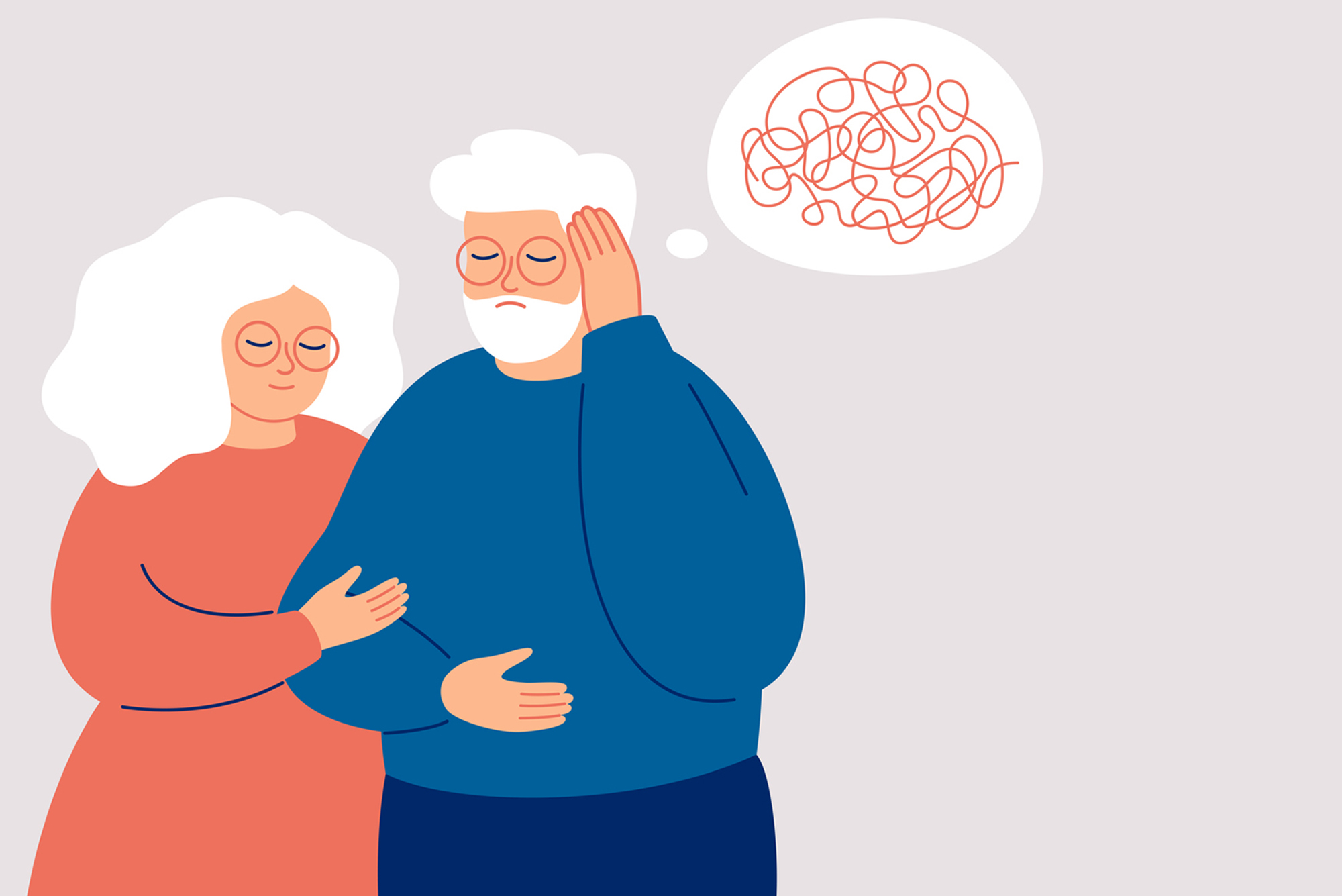 Photo: An illustration of an elderly man with dementia and an elderly woman guiding him by the arm