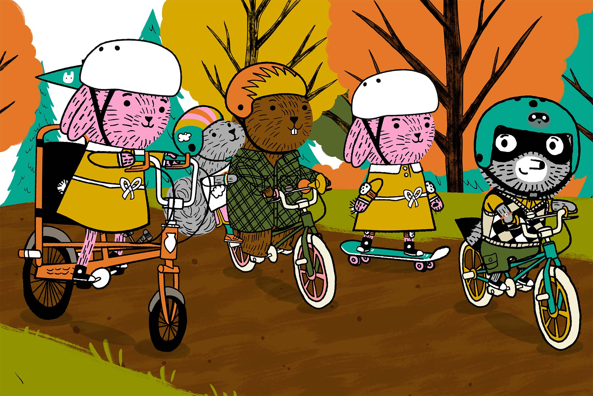 Photo: A still from the PBS show "Carl the Collector" where various animated animals are riding bikes