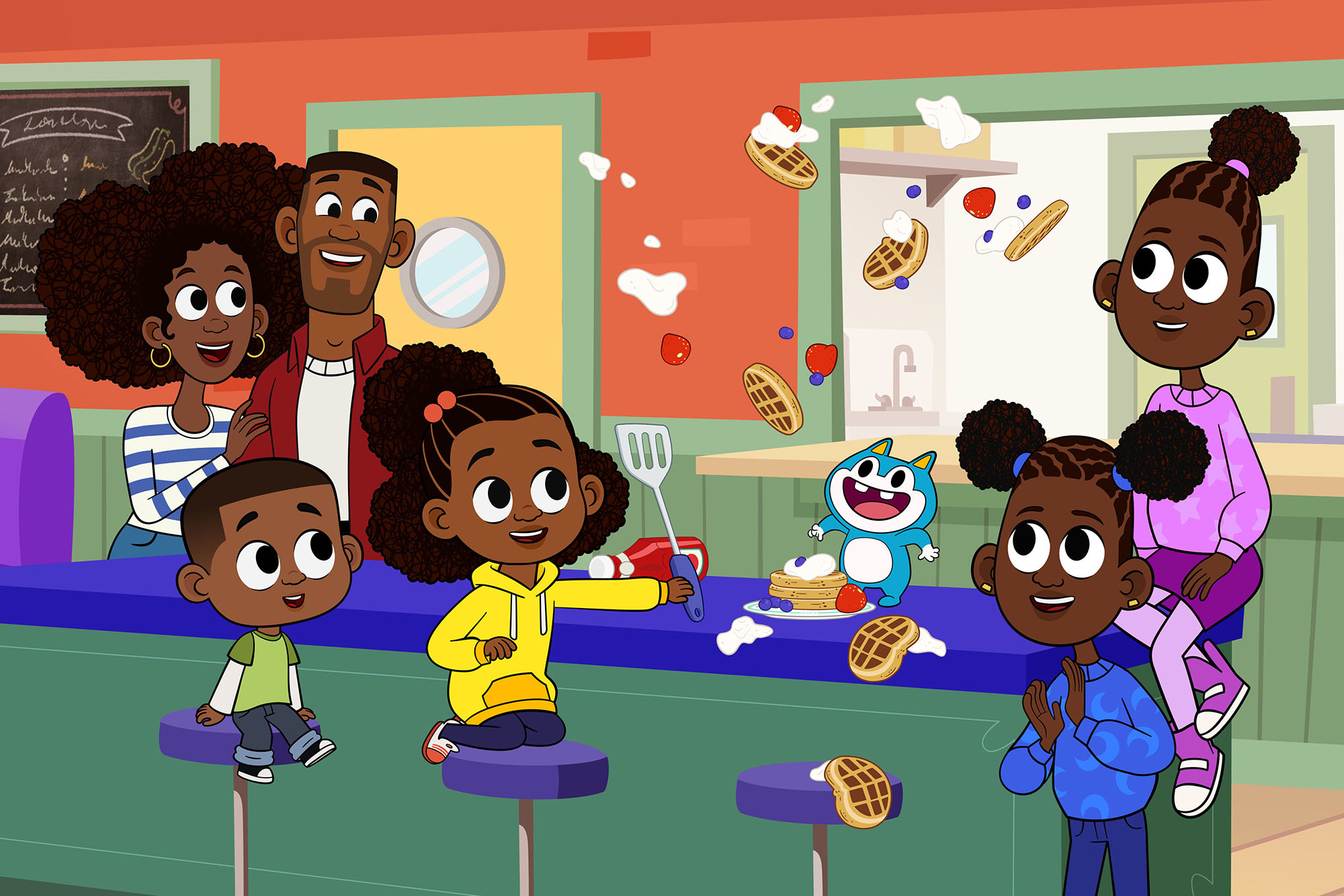 Photo: A still from the PBS show "Lyla in the Loop" featuring people flipping pancakes at a counter