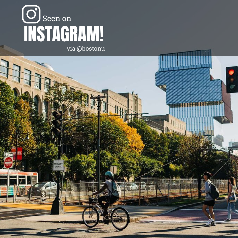Photo: Boston University's campus in Boston on a sunny day. text overlay reads "Seen on Instagram via @bostonu"