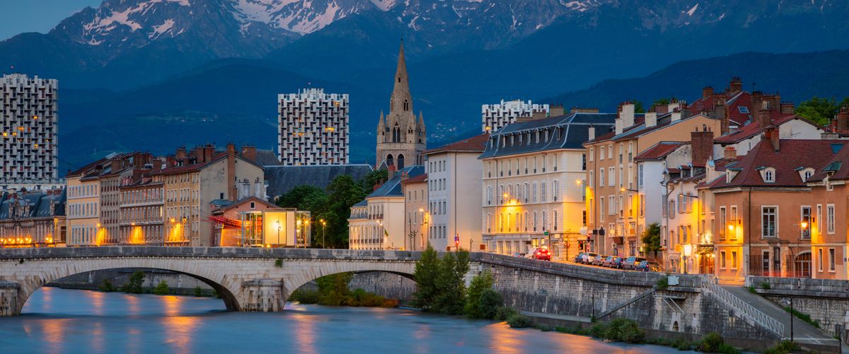 Grenoble. Cityscape image of Grenoble, France during twilight blue hour.