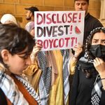 Photo: Students at the American University of Beirut are carrying banners as they attend a pro-Palestinian demonstration on the campus. One reads "DISCLOSE DIVEST BOYCOTT"