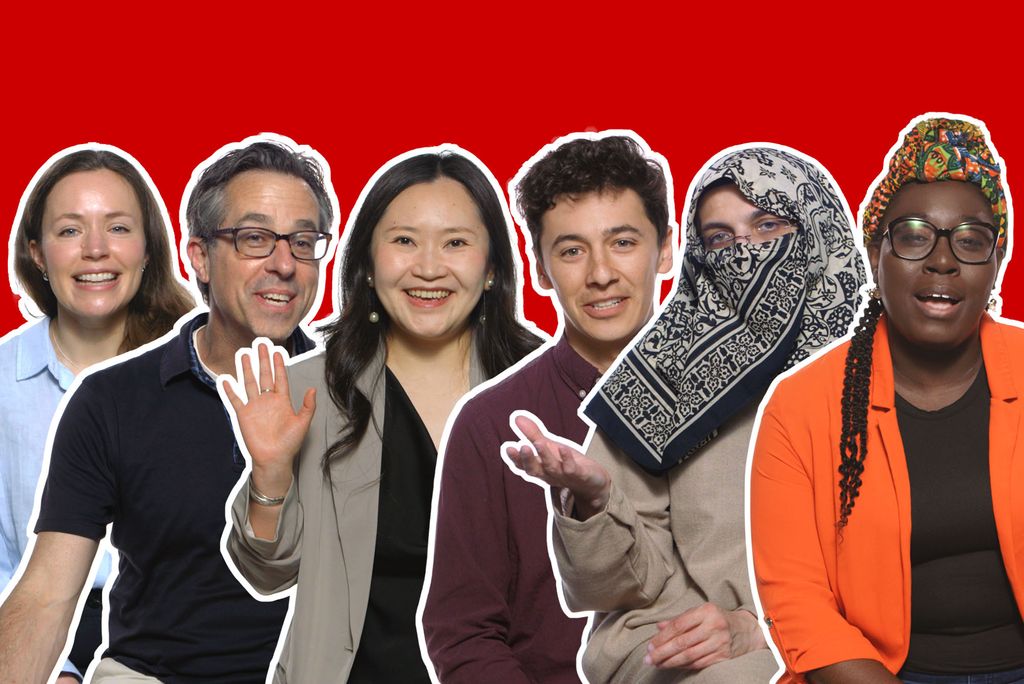 Photo: Six photos of different people put together with white outlines around each in front of a red background.