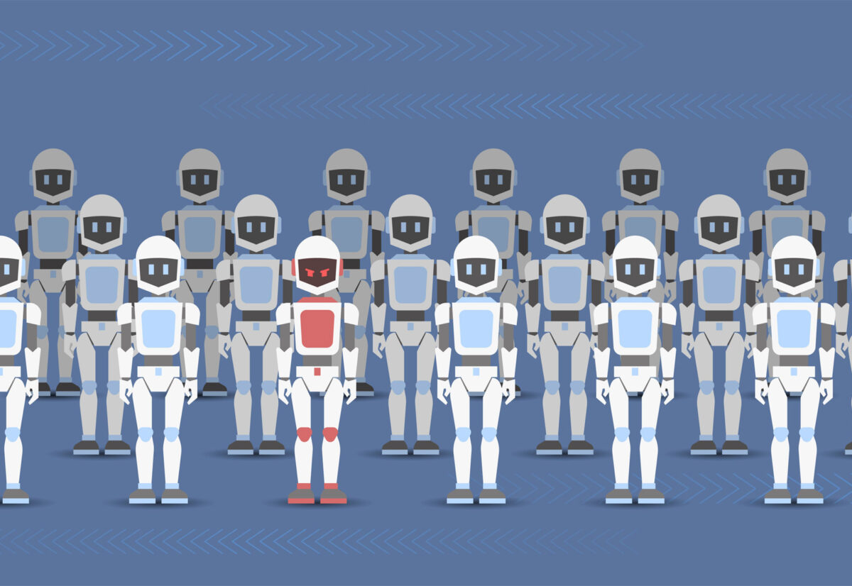 Photo: A crowd of robots stands in a row and one of them is an evil traitor