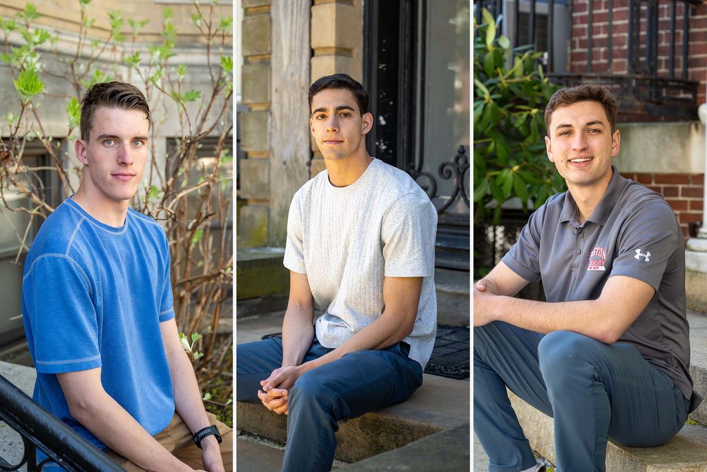 Image: A collage of three men: one the left, a white man with a blue shirt, a man with a white shirt on steps, and on the right, a white man with gray shirt.