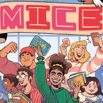 Poster for the Massachusetts Independent Comics Expo, "MICE" depicting cartoon people reading comic books and generally celebrating