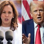 Photo: A composite image of Kamala Harris in a white blouse and blazer speaking at a podium on the left with a photo of Trump in a navy blazer and red tie speaking at a podium on the right.