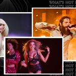 Photo: A collage of three different artists on a black background. Sabrina Carpenter, a blonde white woman sings. In the center, a black woman with long hair wears a bustier and smiles while performing. On far right, a white man, Post Malone, sings into his mic.
