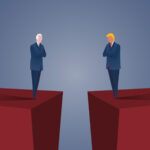 Photo: A stock photo with caricatures of Biden and Trump with their arms crossed, facing one another on the edge of a red cliff, respectively.