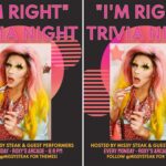 Image: A composite image of an advertised poster for a drag trivia night at Roxy's Arcade. A Drag performer poses ontop of a black background with bright neon lettering and shapes.