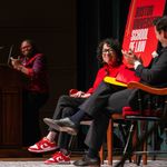 Photo: LAW Dean Angela Onwuachi-Willig, from left, applauds at a podium while Supreme Court Associate Justice Sonia Sotomayor and Cesar Lopez-Morales sit on stage at the Shapiro Lecture at Tsai Center.