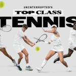 Photo: Logo for Top Class Tennis, a new show on Amazon Prime. Image contains four tennis players in all white, mid-action shot of hitting a tennis ball. Various tennis balls populate the picture.
