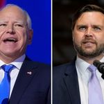 This combination of photos shows Democratic vice presidential candidate Minnesota Gov. Tim Walz, left, at the DNC on Aug. 21, 2024, in Chicago, and Republican vice presidential nominee Sen. JD Vance, R-Ohio, on Sept. 25, 2024, in Traverse City, Mich.