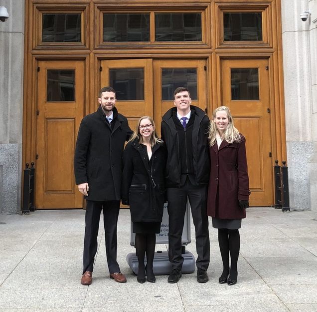 Technology Law Clinic students Patrick Wilson (’20), Ally Faustin (’20), Zach Sisko (’19), and Lyndsey Wajert (’19), outside of the John Adams Courthouse.