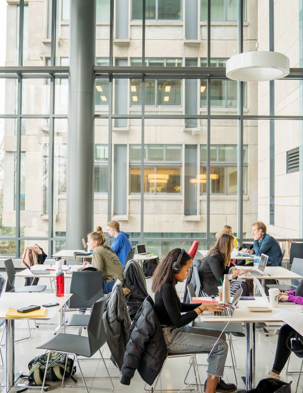 Students studying in the law cafe, McCausland Commons, at BU School of Law