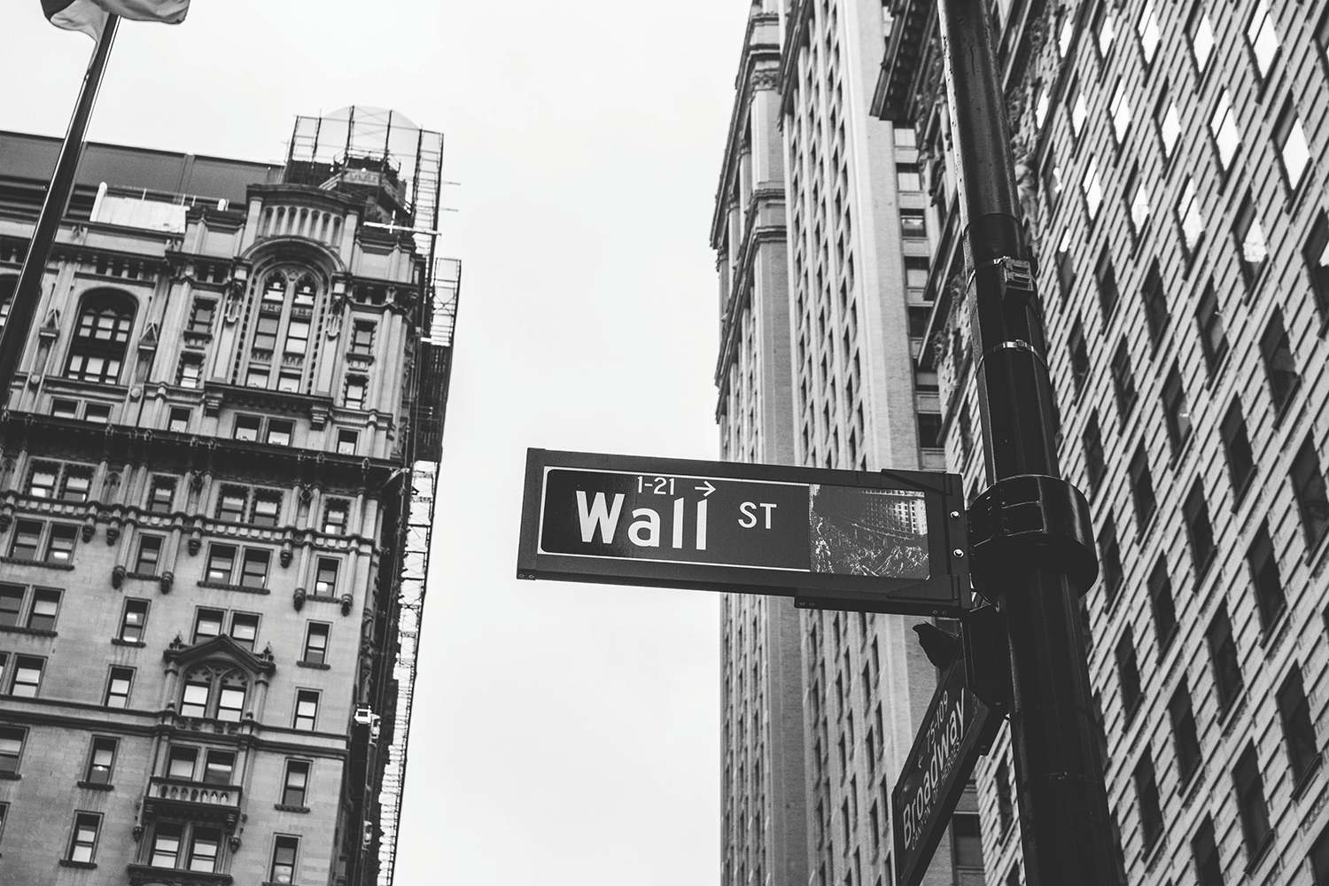 A black and white photo of the street signs at the intersection of Wall St. and Broadway in New York City