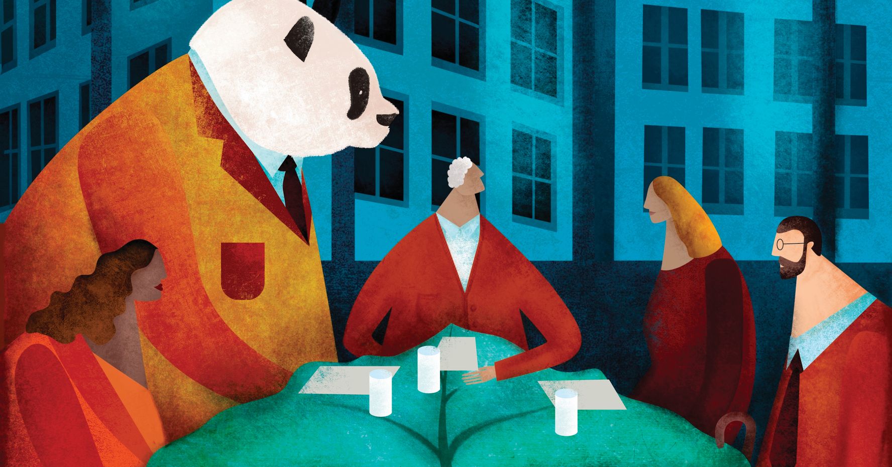 The Record, spring 2021 issue cover: An illustration of 4 people from different backgrounds and walks of life sit around a leaf-shaped board table with a panda, who wears a business suit