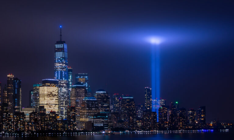 Two lights shine into the sky where the twin towers of the World Trade Center in New York City stood before 9/11