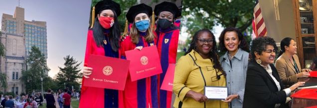 Collage of 2021 images: Law Tower, 2020 graduates, Dean Onwuachi-Willig with Kulkarni, Dahlstrom with IRHTP coalition.