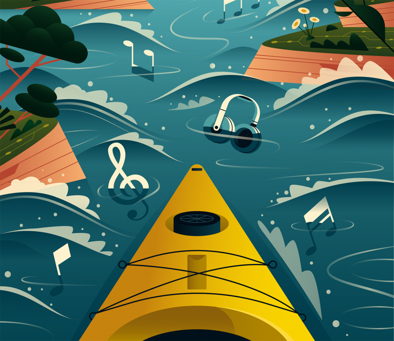 Front of a kayak moving through a stream with music notes, headphones, etc. floating in the stream