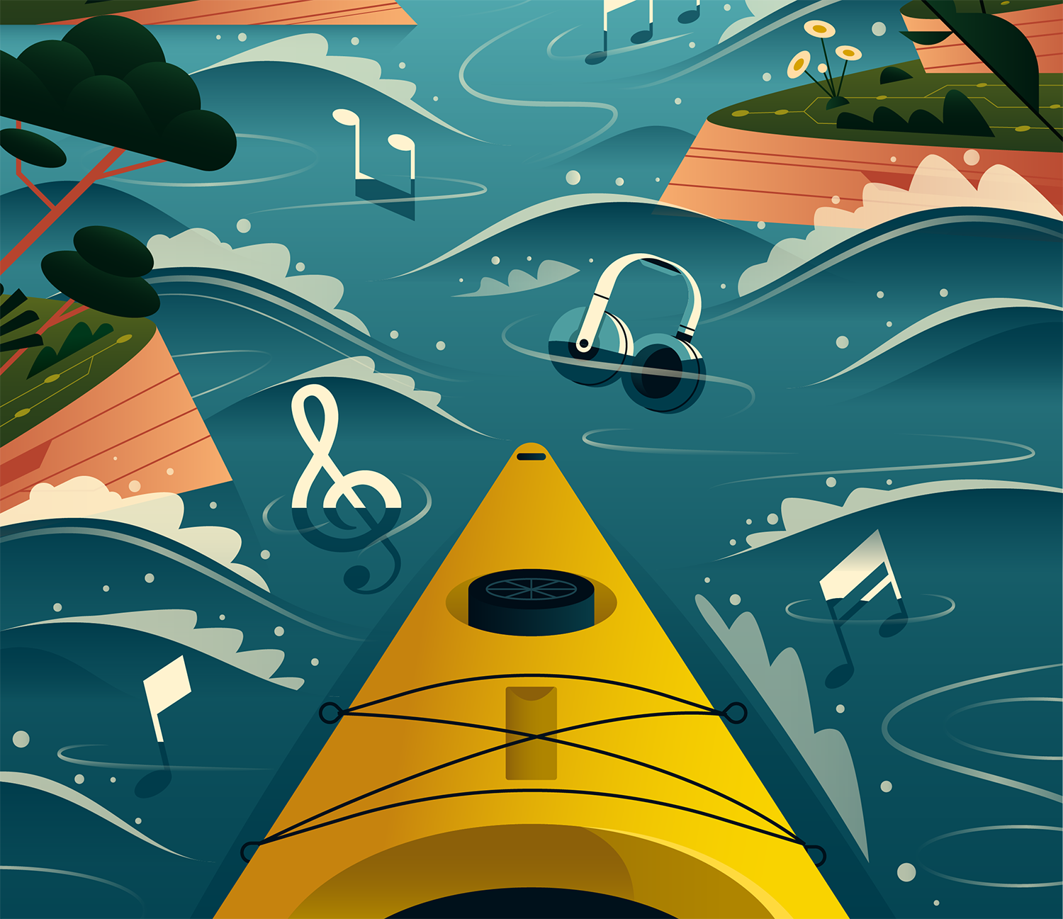 Front of a kayak moving through a stream with music notes, headphones, etc. floating in the stream
