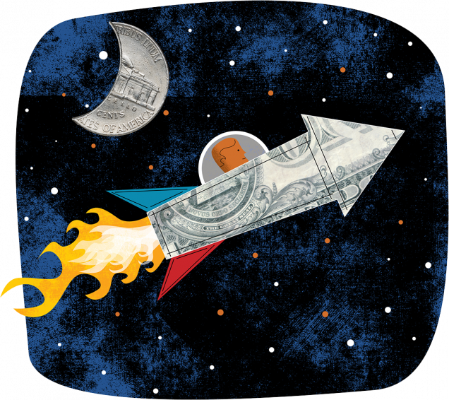 Illustration of rocket blasting into space past a nickel in the shape of a half moon