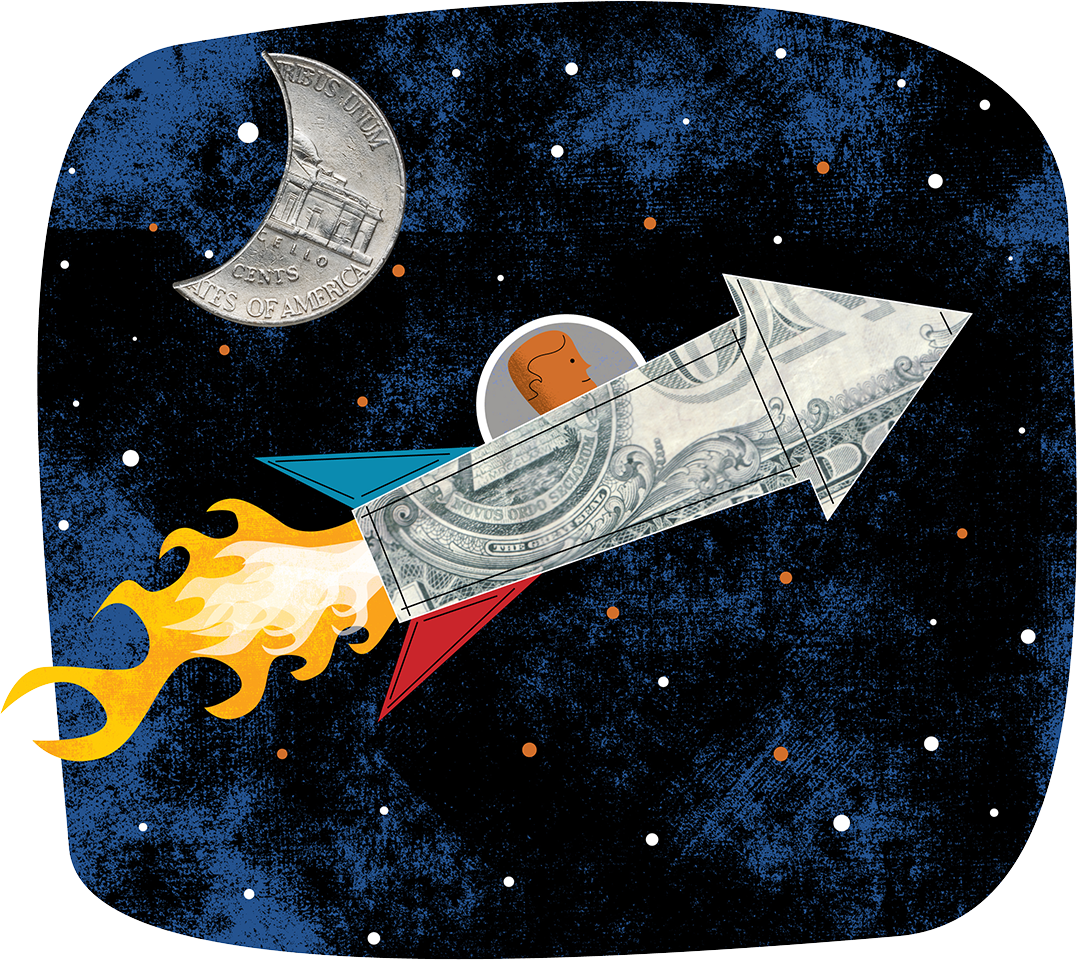 Illustration of rocket blasting into space past a nickel in the shape of a half moon