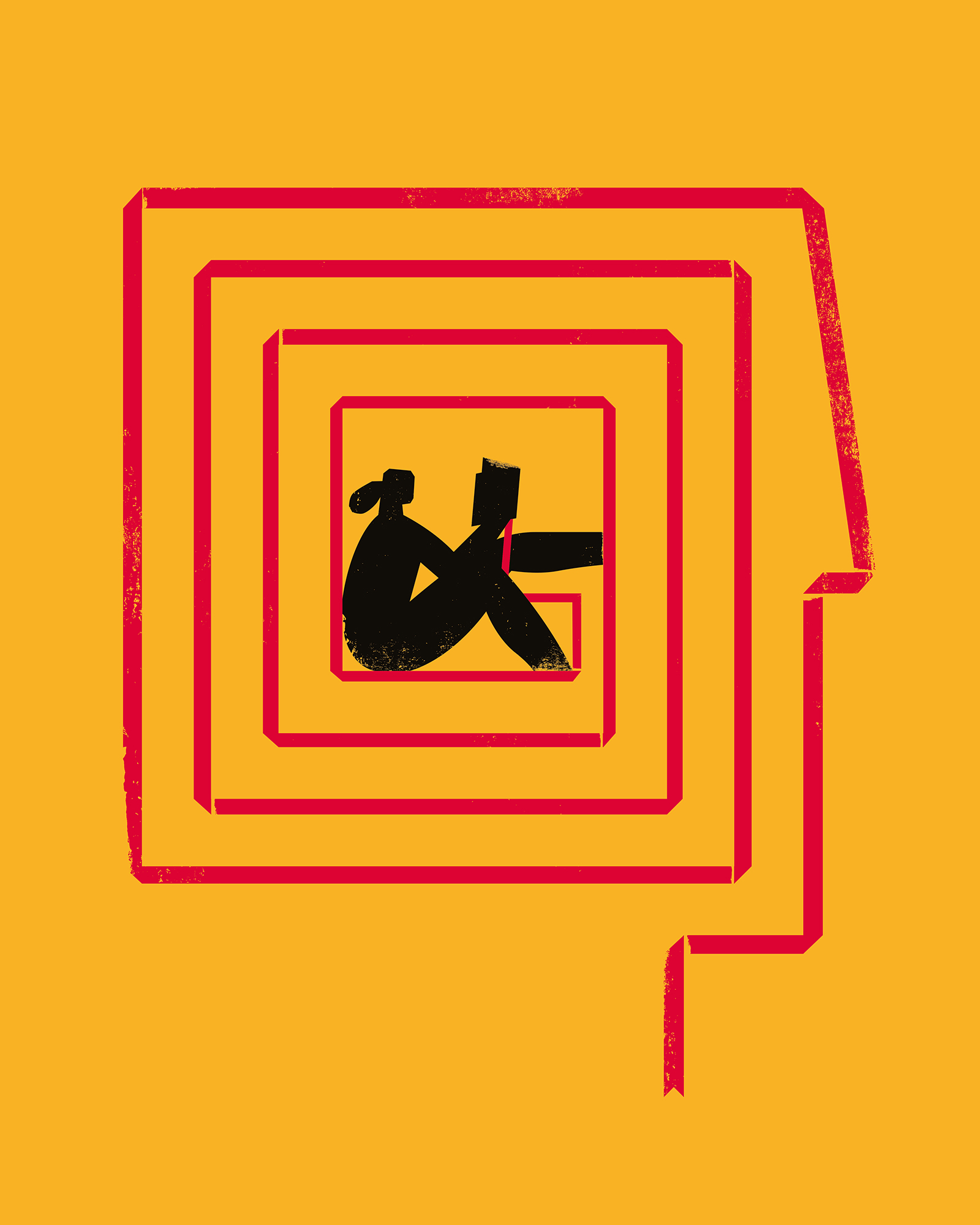A red ribbon bookmark hangs from a boo kand spirals out around a central figure, creating a nook in which the figure reads