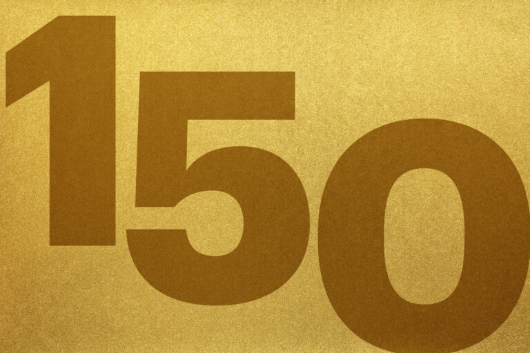 A gold sparkly background with 150 in bronze text