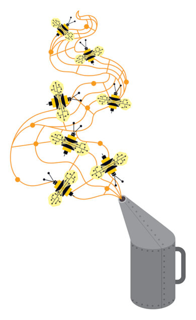 An illustration of a bee smoker with digital bees swarming nearby