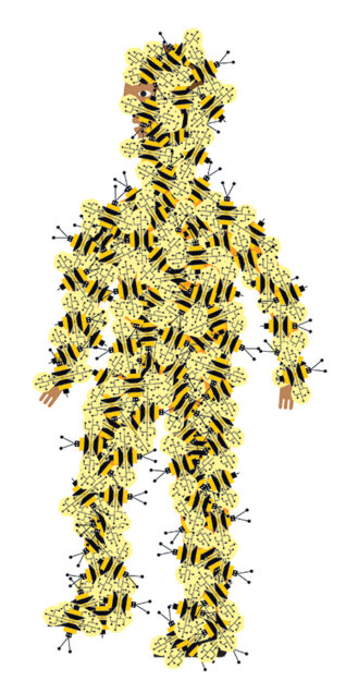 An illustration of a person covered in digital bees