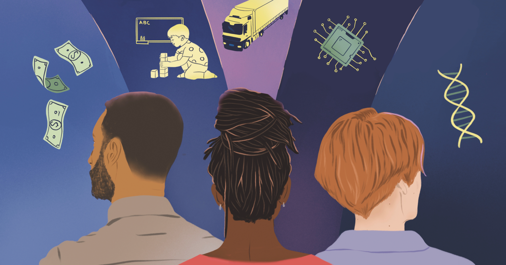 Illustration of three people looking at multicolored pathways in front of them with objects ahead: dollar bills, a baby playing with blocks, a 16-wheeler, a computer chip, and a DNA helix.
