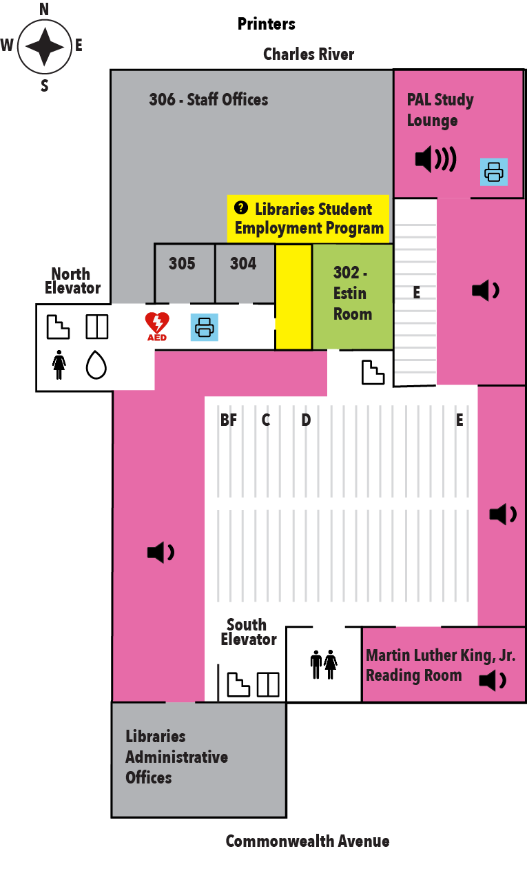 diagram showing the layout of the third floor of the Mugar Memorial