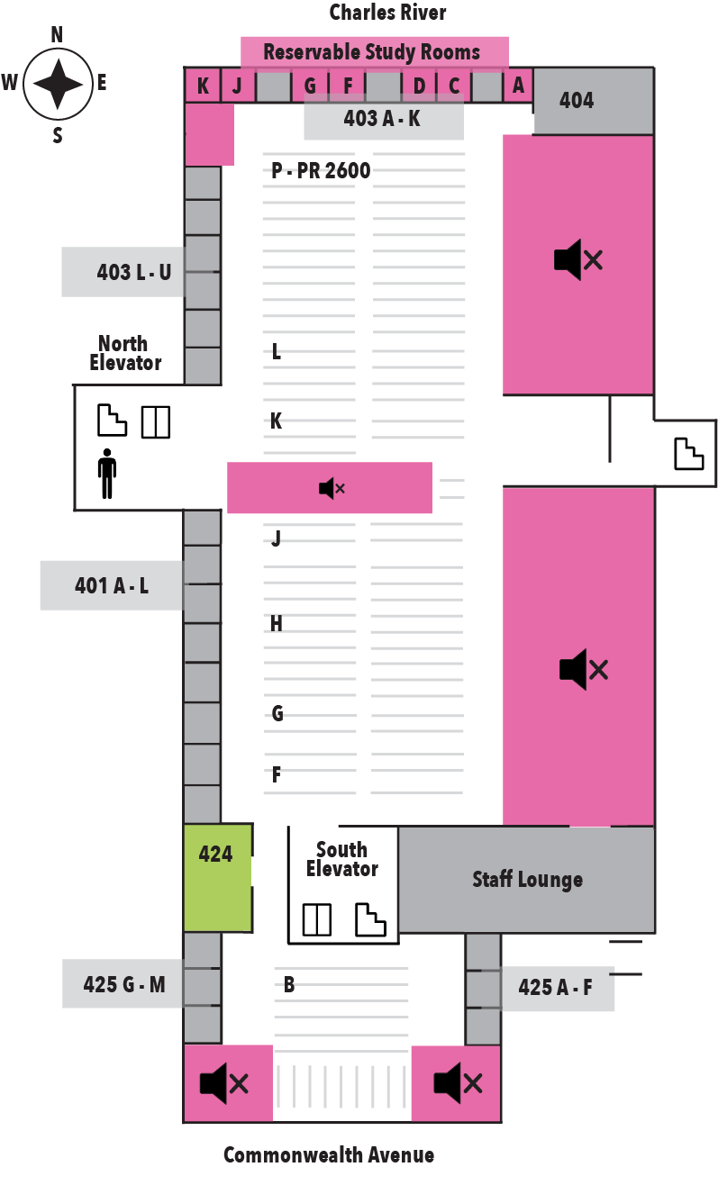 diagram showing the layout of the fourth floor of the Mugar Memorial Library