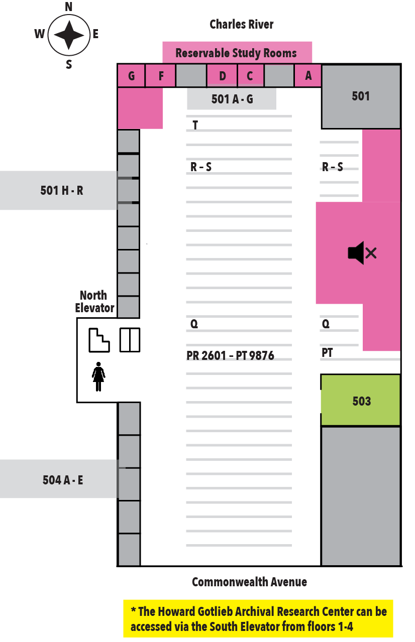 diagram showing the layout of the fifth floor of the Mugar Memorial Library